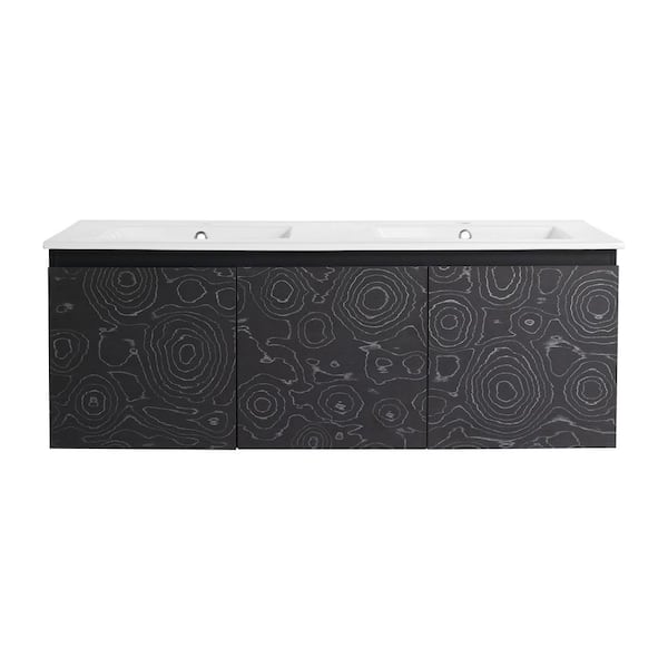 18 in. W x 17 in. H x 48 in. D Black Floating Wall-Mounted Bath Vanity in Wood Grain with 2 Sinks White Ceramic Top