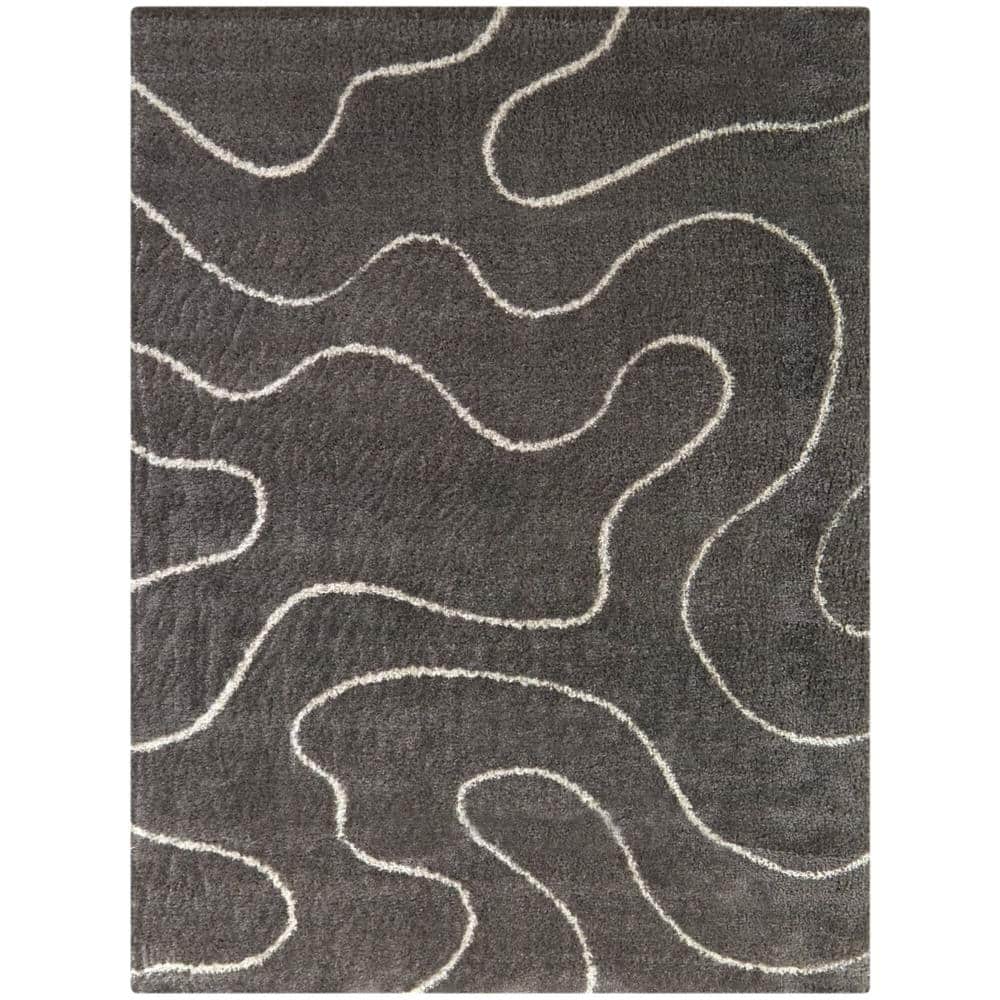 Charcoal and Cream Synthetic Stain-Resistant Stripe Area Rug