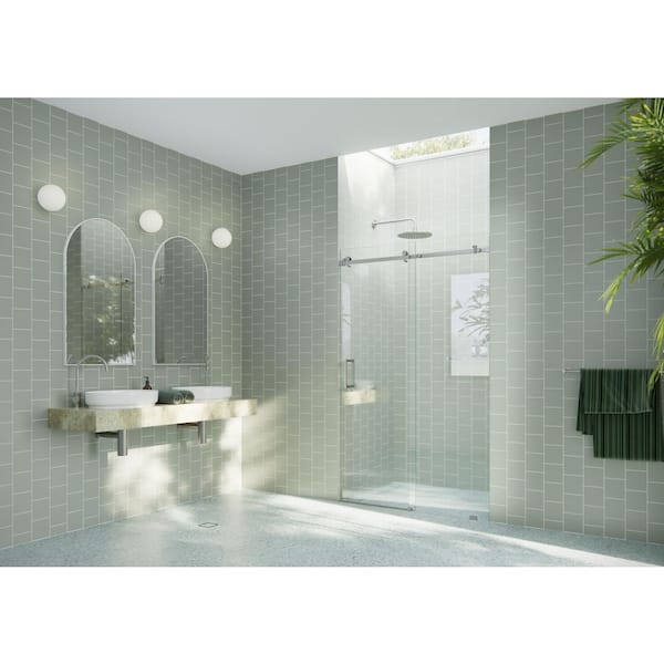 Astro 52 in. W x 78 in. H Sliding Frameless Shower Door with Square Hardware in Brushed Nickel with Clear Glass