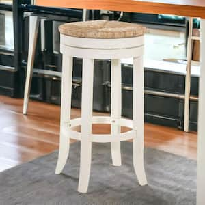 30 in. Antiqued White Backless Wood Counter Height Bar Chair with Seagrass Seat