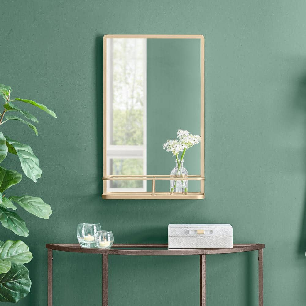15 in. W x 24 in. H Medium Modern Rectangular Gold Framed Mirror with Shelf