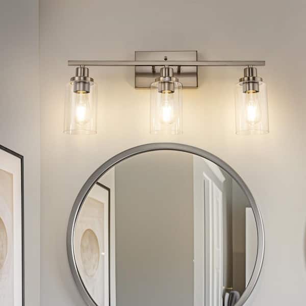 24 in. 3-Light Brushed Nickel Vanity Light Fixtures for Bathroom with Clear Glass Shades and No Bulbs Included