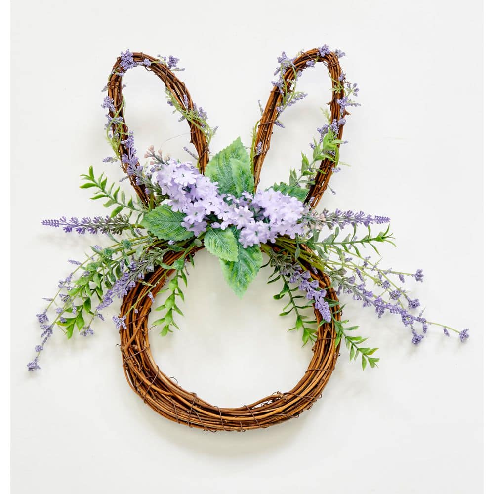 15 in Hanging Twig Bunny Decor with Lavender Flowers