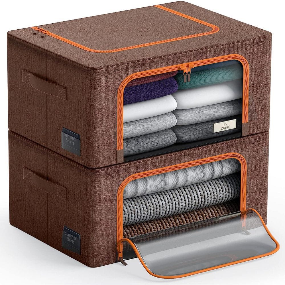 Storage Bins, Organizers with Metal Frame, Handles, and Window, Brown 15.75