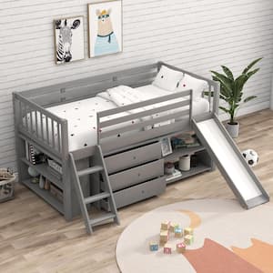 Low Gray Twin Size Loft Bed with Slide, Attached Bookcases and Separate 3-Tier Drawers