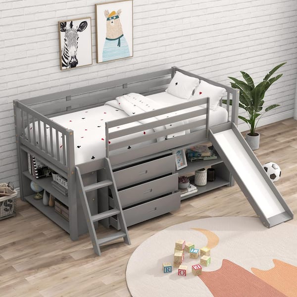 Harper & Bright Designs Low Gray Twin Size Loft Bed with Slide, Attached Bookcases and Separate 3-Tier Drawers