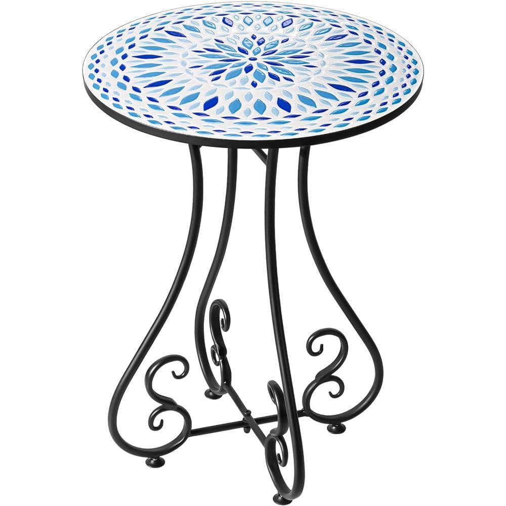 Ocean Blue Relief Ceramic Tile Tabletop with Metal Frame Round Outdoor Side