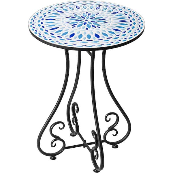Unbranded Ocean Blue Relief Ceramic Tile Tabletop with Metal Frame Round Outdoor Side Table