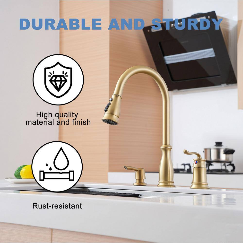 Brushed Gold Stainless Steel Pull Down Kitchen Faucet with Soap Dispenser