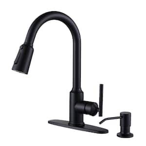 Single Handle Pull Down Sprayer Kitchen Faucet in Black, Stainless Steel Kitchen Faucet with Soap Dispenser
