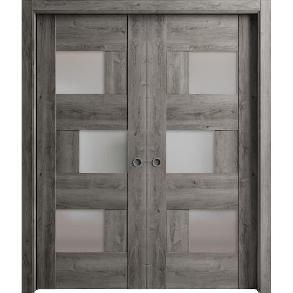 VDOMDOORS 64 in. x 80 in. 2 Panel Nebraska Grey Finished MDF Sliding Door with Hardware