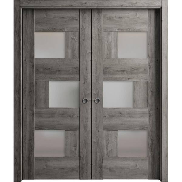 VDOMDOORS 84 in. x 96 in. 2 Panel Nebraska Grey Finished MDF Sliding Door with Hardware