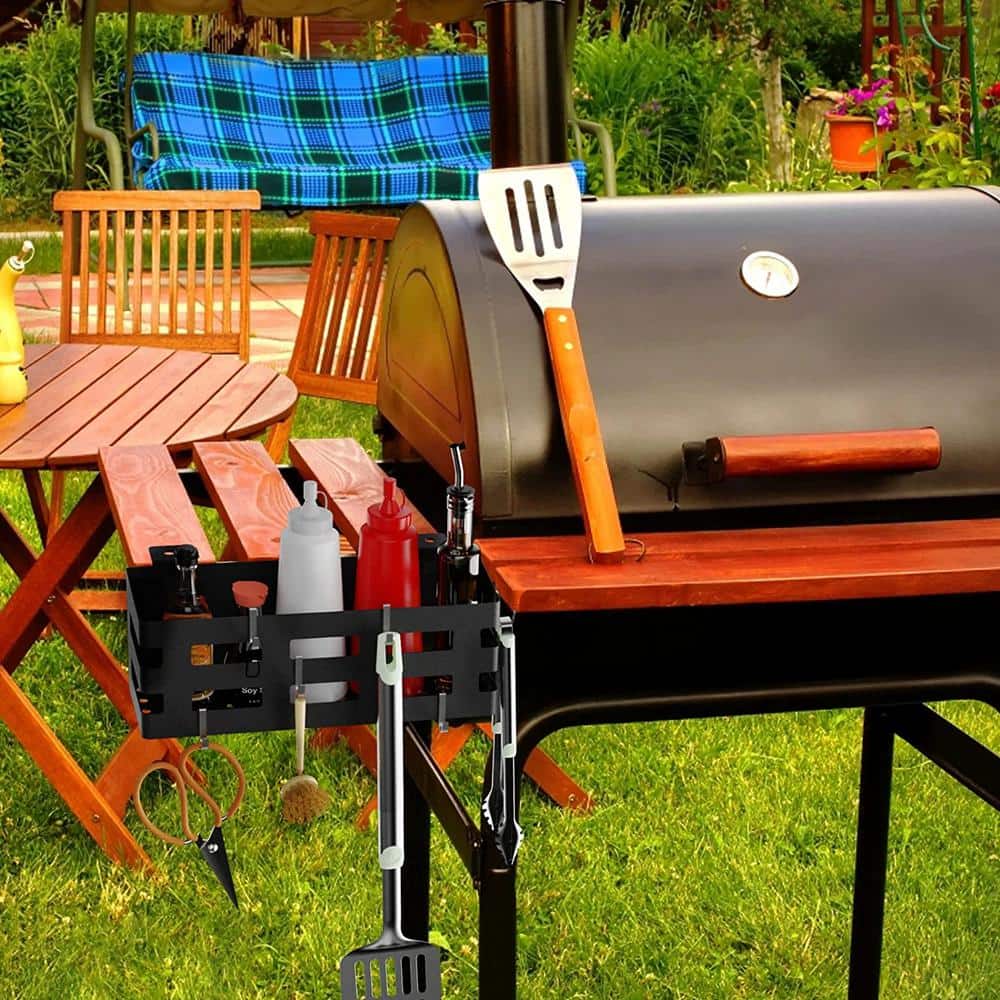 Space Saving Black Metal Grill Storage Rack with Magnetic Tool Holder