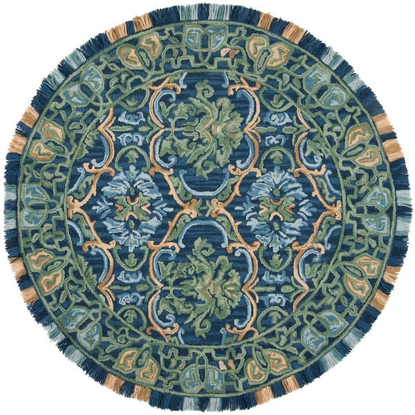 Blossom 10 ft. x 10 ft. Round Navy/Green Border Area Rug