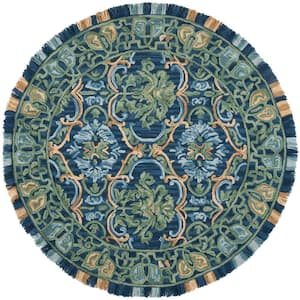 Blossom Navy/Green 4 ft. x 4 ft. Border Round Area Rug