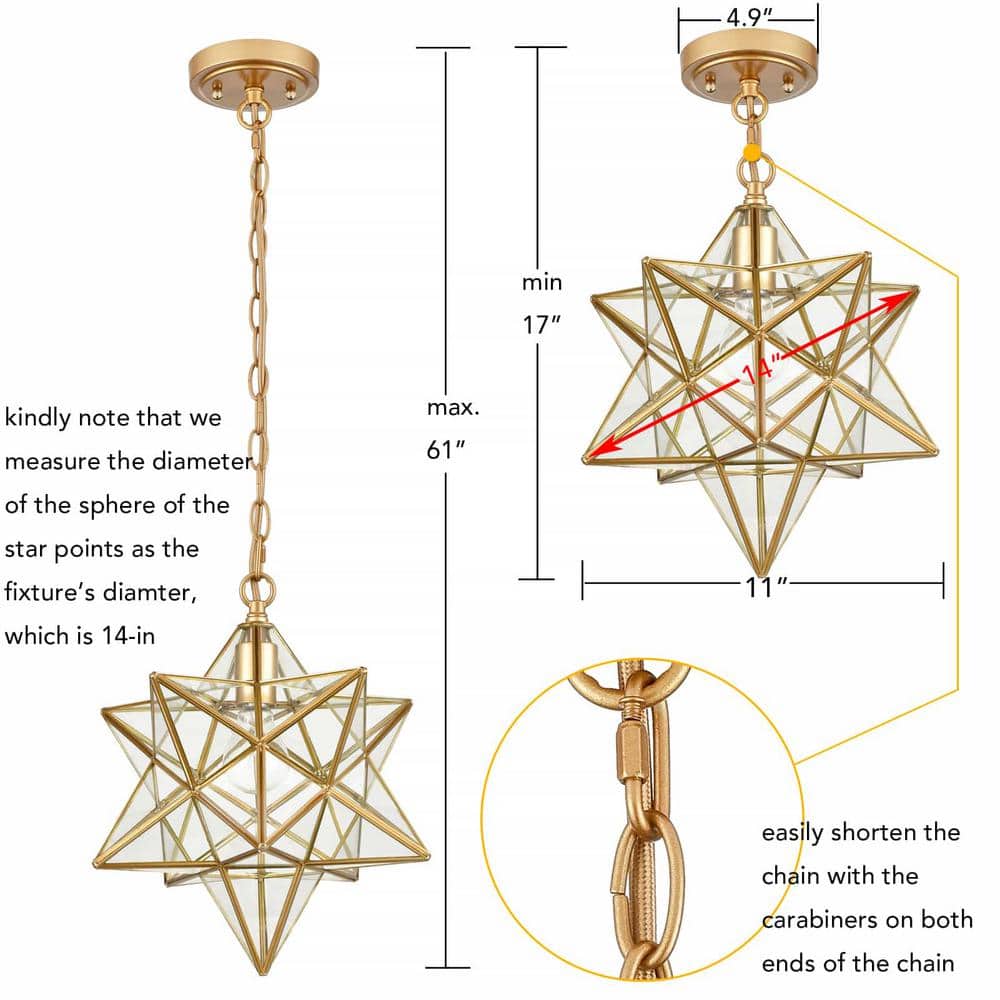 Geometric Brass Star Pendant Light with Clear Glass Shade