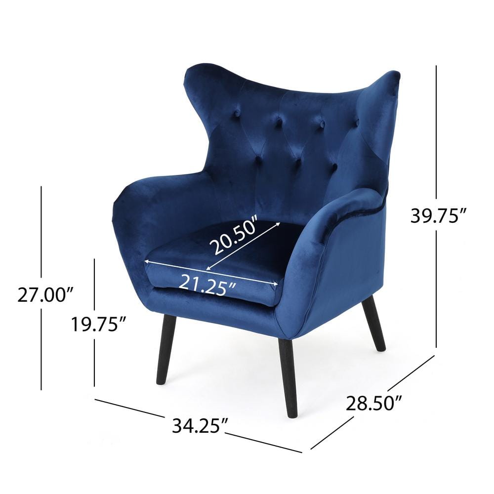 Handcrafted Navy Spot Velvet Wood Accent Chair with Slope Arm