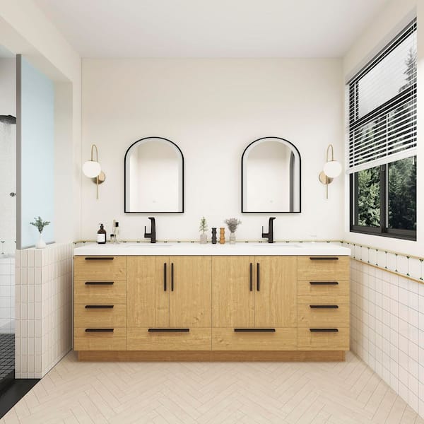 BV Better Vanity Carla 84 in. W x 20 in. D x 35 in. H Double Sink Freestanding Bath Vanity in Teak Oak with White Acrylic Top