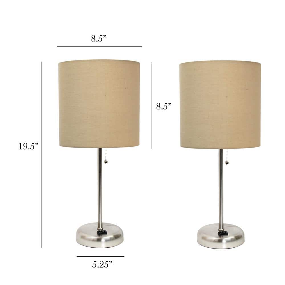 Brushed Steel and Tan Fabric Shade Table Lamp Set with Charging Outlet