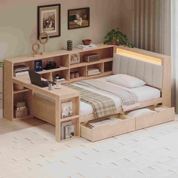 Polibi Natural Full Size Daybed with Desk and Storage Bookcase, Under-Bed Drawers and LED Light