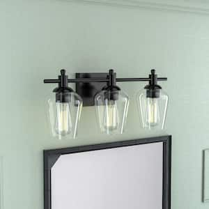 Rodberg 21 in. Classic 3-Light Matte Black Dimmable Vanity Light with Clear Glass Shade