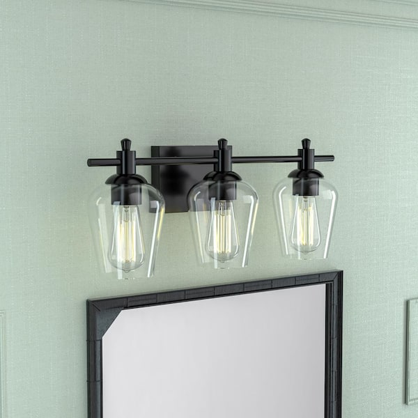 LANSEKI Rodberg 21 in. Classic 3-Light Matte Black Dimmable Vanity Light with Clear Glass Shade