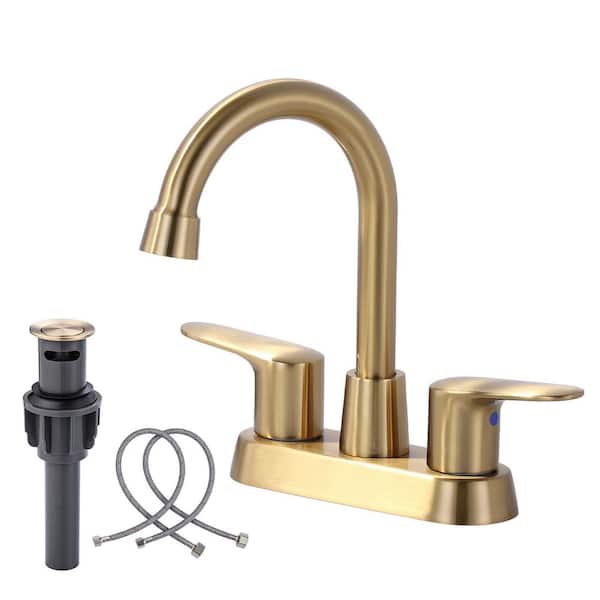 ARCORA 4 in. Centerset Double Handle High Arc Bathroom Faucet with Drain Kit in Brushed Gold