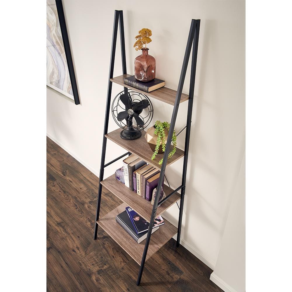 Weathered Gray 4-Tier Wood and Metal Ladder Shelf
