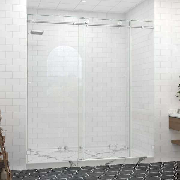 67-72 in. W x 76 in. H Sliding Frameless Shower Door in Brushed Nickel with 5/16 in. Tempered Clear Glass