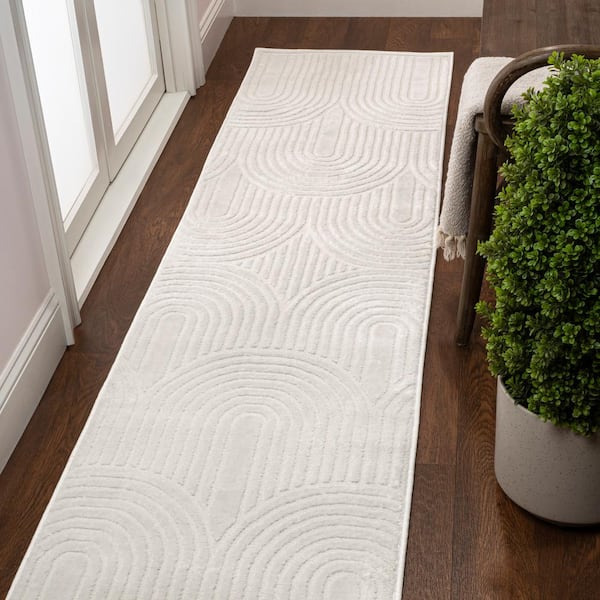 Ariana MidCentury Art Deco Striped Arches 2-Tone High-Low White/Cream 2 ft. x 8 ft. Runner Rug