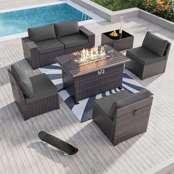Halmuz 7-Piece Wicker Patio Conversation Set with 55000 BTU Gas Fire Pit Table and Glass Coffee Table and Grey Cushions