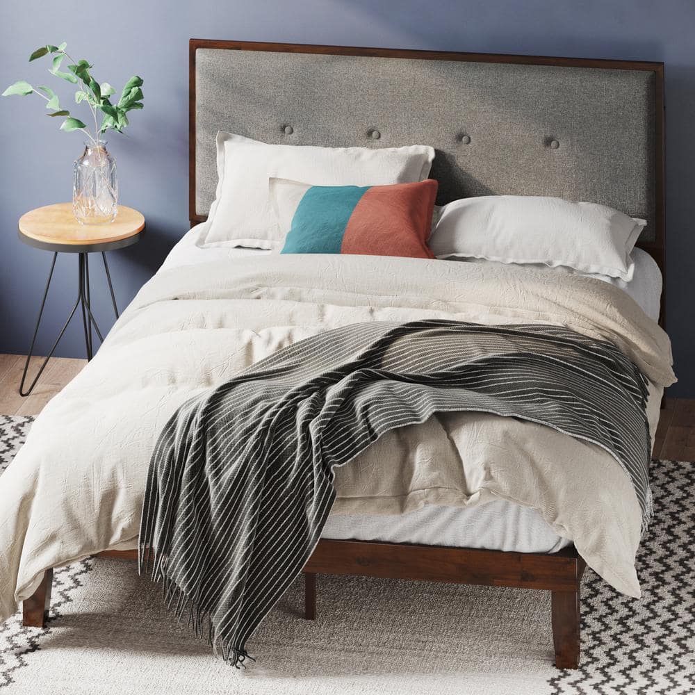 Moiz Queen Brown Wood Platform Bed Frame with Gray Upholstered Headboard