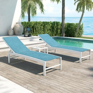 3-Piece Adjustable Aluminum Outdoor Chaise Lounge in Blue with Table Set
