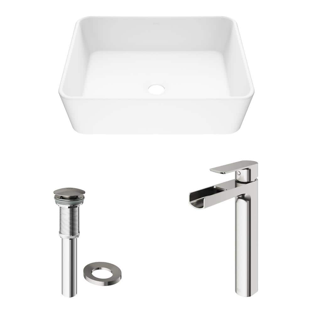 White Stone Rectangular Vessel Sink with Brushed Nickel Faucet