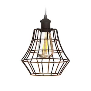 Farmer 10.4 in. 7-Watt 1 Light Bronze Farmhouse Pendant Hanging Light with Wire Cage Shade for Dining Room or Kitchen