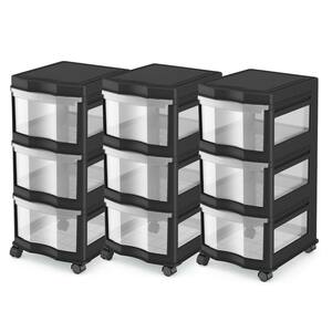 13.2 in. x 27.75 in. Black Classic Shelf Storage Organizer Plastic 3-Drawers (3-Pack)
