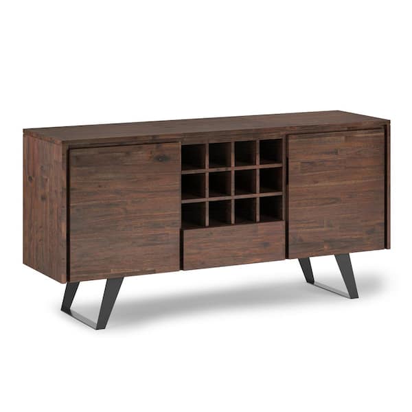 Simpli Home Lowry Solid Acacia Wood 60 in. Rectangle Modern Industrial Sideboard Buffet with Wine Rack in Distressed Charcoal Brown