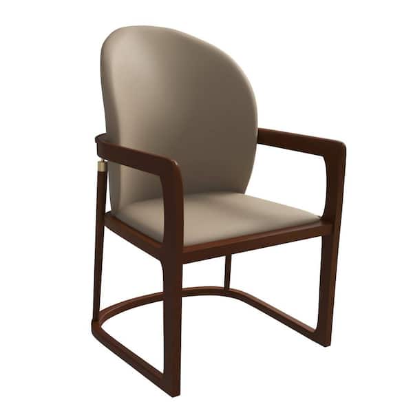 Leisuremod Solid Wood Frame Dining Chair Modern Breathable Accent Arm Chair Upholstered in Leather Svelta Series in Dark Toupe