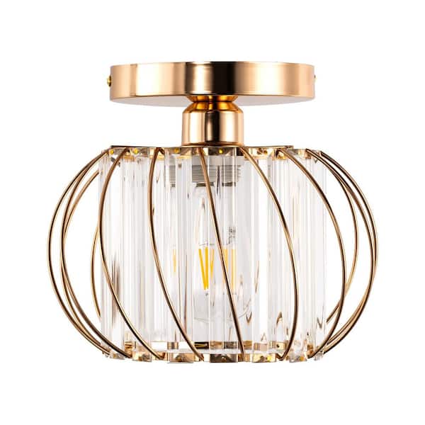 Emeritpro 10 in. 1-Light Gold Metal Caged Semi-Flush Mount for Kitchen Bedroom