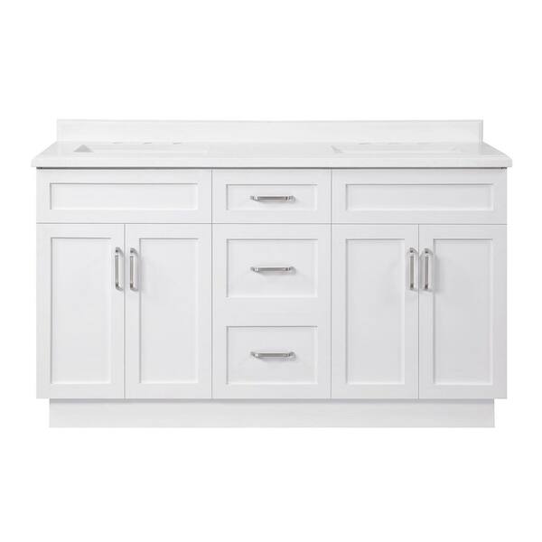 Lincoln 60 in. Double Sink White Bath Vanity with White Engineered Stone Top (Assembled)