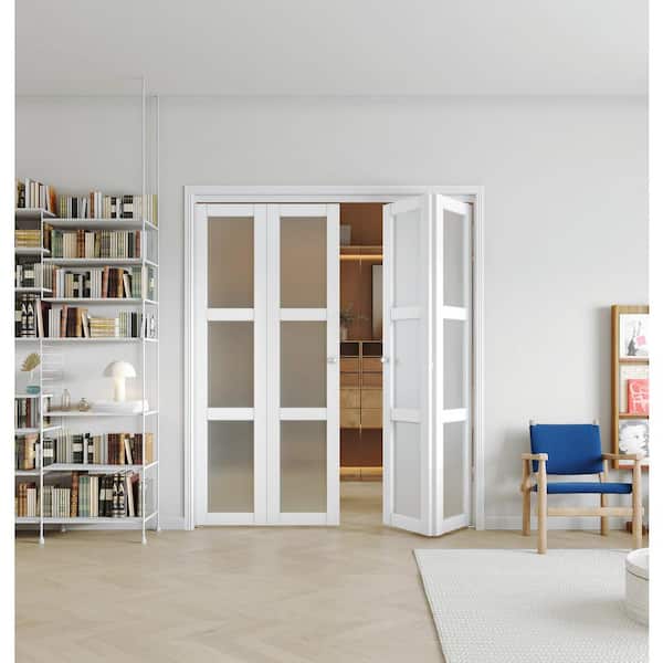 TENONER 72 in x 80 in (Double Doors)Three Frosted Glass Panel Bi-Fold Interior Door, with MDF & Water-Proof PVC Covering