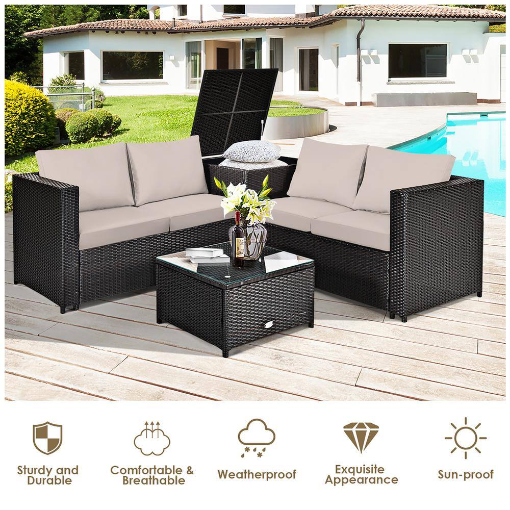 Brown 4-Piece Rattan Wicker Outdoor Patio Set with Cushions