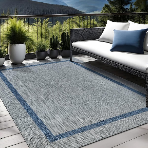Waikiki Grey/Blue 10 ft. x 14 ft. Bordered Indoor Outdoor Area Rug