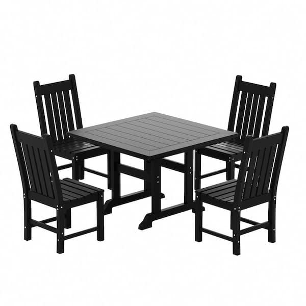 WESTIN OUTDOOR Hayes 5-Piece HDPE Plastic All Weather Outdoor Patio Square Trestle Table Dining Set with Side Chairs in Black
