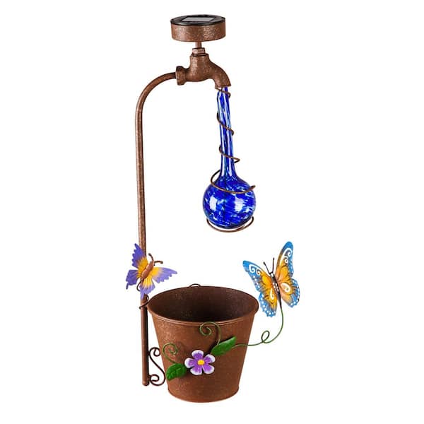 Evergreen 20.5 in. Solar Drip Light Blue Swirl Glass Planter