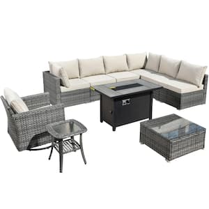 Messi Gray 10-Piece Wicker Outdoor Patio Conversation Sectional Sofa Set with a Metal Fire Pit and Beige Cushions