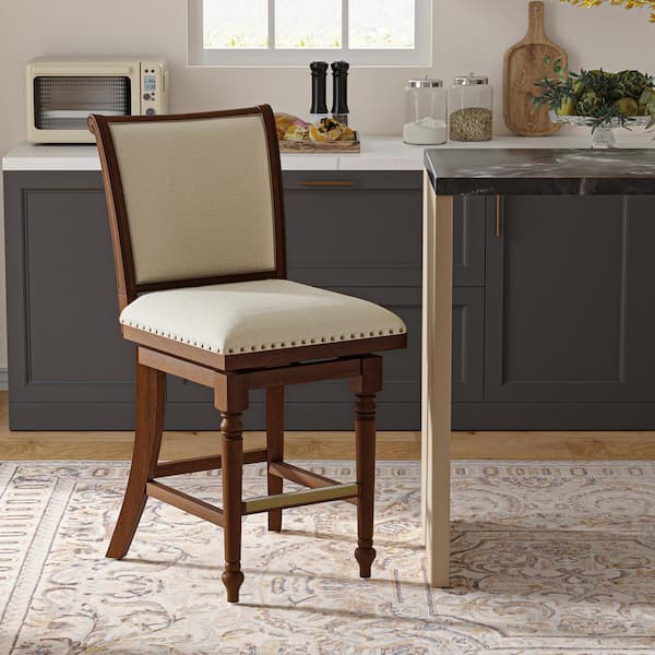 Johannes Walnut 26.25 in. Farmhouse Wood Swivel Bar Stool with Nailhead Trims