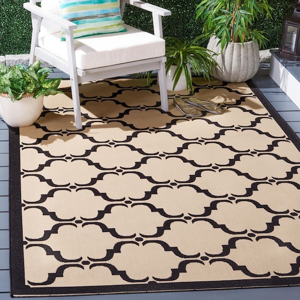 Courtyard Beige/Black 4 ft. x 6 ft. Border Indoor/Outdoor Patio  Area Rug