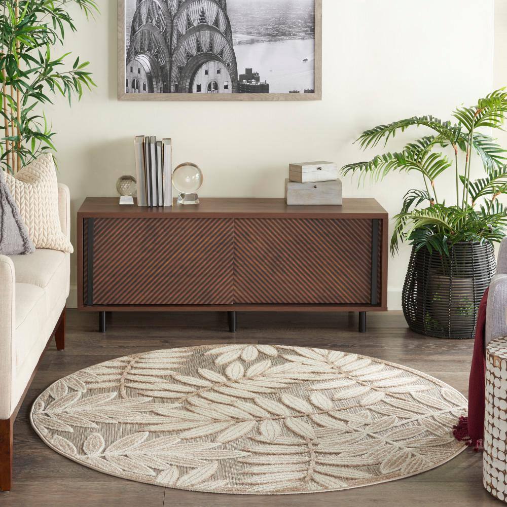 Natural Round Flat Woven Floral Area Rug