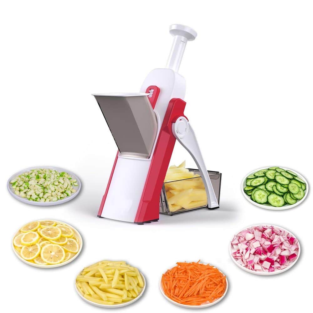 Red Mandoline Slicer, Adjustable Vegetable Chopper Food Cutter with Container for Slicing, Shredding, Making Chips